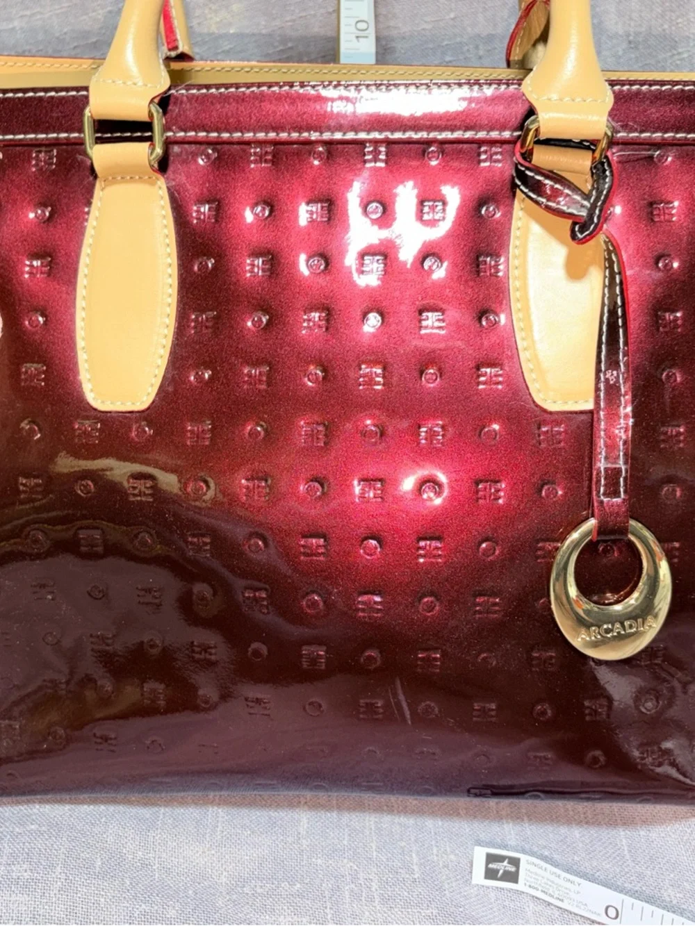 Arcadia Glossy Burgundy Patent Tote with Cream Handles